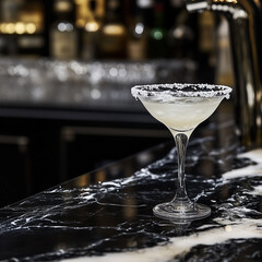 Wall Mural - Classic Margarita Cocktail with Salt Rim on Black Marble Bar Counter