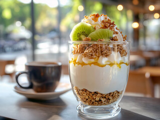 Breakfast parfait with kiwi, granola, and yogurt in a cafe setting.