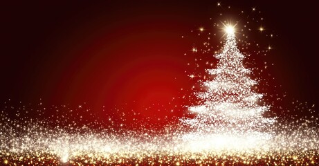 Wall Mural - a glowing christmas tree made of sparkling white lights on a red background with golden shimmer and 