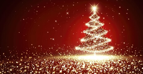 Wall Mural - a radiant christmas tree made of golden sparkles against a deep red background with shimmering light
