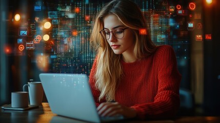 woman coding laptop cafe digital background
