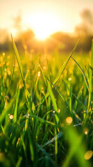 Aufkleber - Vibrant green grass blades glistening with dew drops under the golden light of sunrise create a refreshing natural scene