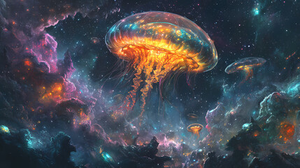 Wall Mural - bioluminescent jellyfish-like alien floating in deep space, intricate translucent textures, glowing 