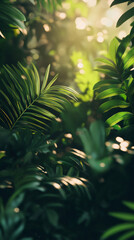 Aufkleber - Lush tropical foliage glowing under soft sunlight penetrating verdant forest canopy, creating rich green natural landscape