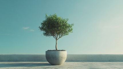 Small tree in a concrete pot on a rooftop against a clear sky.