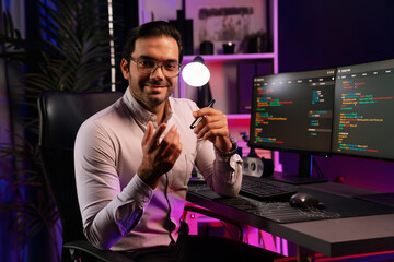 Wall Mural - profile's smart it developer looking camera to pose with against on software development coding on p