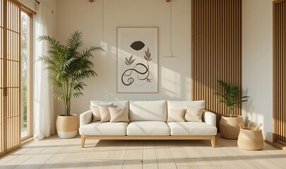 Wall Mural - Living room exudes warmth and comfort with its soft beige tones, plush seating, and minimalist decor on cream color wall background- 3D rendering