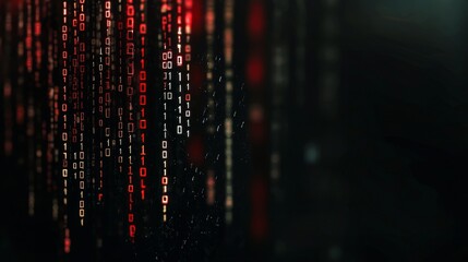 The concept of binary encryption technology is visually represented through an abstract red computer hex code full-frame background, used for HUD design and stock machine learning design templates