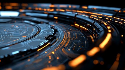 A circuit on a chip processor is set against an abstract technology background