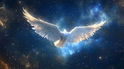 Wall Mural - Angelic wings soaring through the cosmic sky, digital art, white wings against a starry night sky, celestial, angelic, wings, star. Celestial Light Wings. Illustration