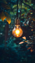 Poster - Vintage tungsten bulb suspended, casting warm glow on verdant garden foliage
