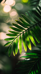Aufkleber - Close-up of vibrant green palm leaf with sunlight filtering through, creating a tropical and serene atmosphere