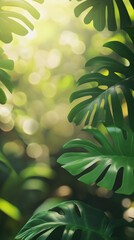 Aufkleber - Monstera leaves glowing under soft sunlight penetrating dense tropical rainforest vegetation