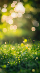 Poster - Fresh green grass glistening with morning dew, creating a beautiful bokeh effect with the sunlight filtering through the trees