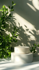 Aufkleber - Green leaves framing minimalist round podiums casting soft shadows for product display