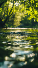 Aufkleber - Close-up view of water surface with small waves and reflections of sunlight, blurred green trees in background