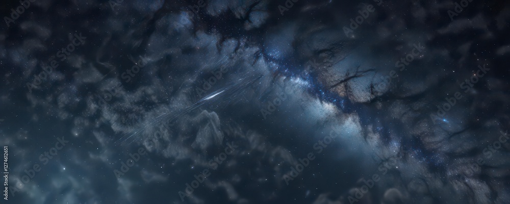 Vast Milky Way galaxy scene with stars and space dust in a dark blue ...