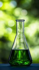 Poster - Glass Erlenmeyer flask containing bright green chemical liquid stands on table against blurred green background suggesting nature and science