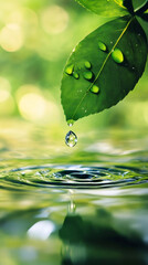 Aufkleber - Verdant leaf dripping water droplet, creating concentric ripples against soft-focus greenery
