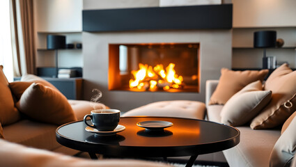 Wall Mural - fireplace and coffee, ai generated