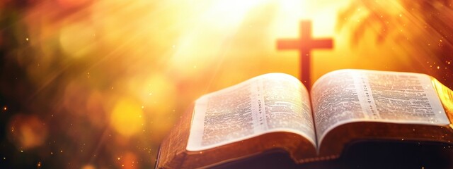 Wall Mural - A beautiful blurred background with an open Bible and cross, symbolizing the theme of Christianity for a banner design The Bible is being opened A soft, golden light illuminates the book Generative AI