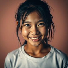 Vibrant portrait of smiling south east asian teenager girl with joyful expression on clean background East Asian china japan japanese asian korea korean taiwan east asia singapore singaporean chinese 