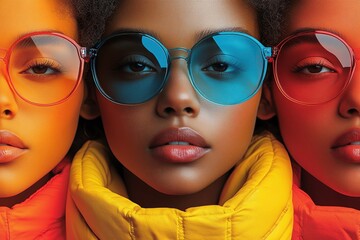 Wall Mural - Colorful promotional flyer design with stylish models in sunglasses and vibrant outerwear