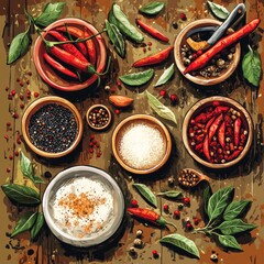 Wall Mural - Rustic arrangement of spices and herbs on wooden surface with chilli and bay leaves