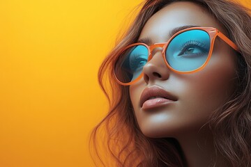 Wall Mural - Young woman wearing stylish sunglasses poses against a vibrant orange background