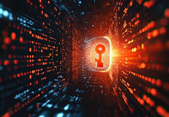 A Cybersecurity Concept Illustration; Binary Code Key Inserted into an Abstract Lock