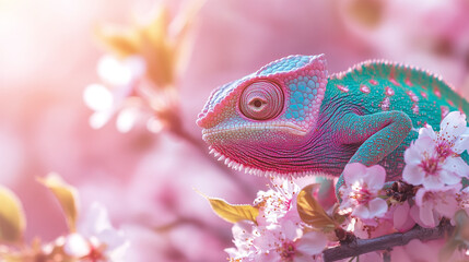 Wall Mural - Colorful chameleon on cherry blossom branch in soft pink light.