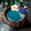 © Юлія Крикун - Colorful blue coconut drink garnished with flowers evokes a tropical paradise experience in a serene setting. Generative AI