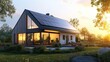 © Vodkaz - Modern house with solar panels, surrounded by greenery during sunset.