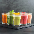 © Юлія Крикун - Refreshing assortment of colorful smoothies displayed on a slate serving tray in a well-lit kitchen environment. Generative AI