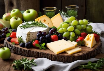 Wall Mural - colorful lush cheese platter highlighting fresh vibrant herbs perfect impressive entertaining, artisan, board, fruit, garnish, gourmet, assortment