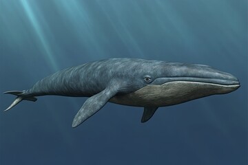 On World Oceans Day, a blue whale swims close to the surface, with the blue sky visible above