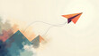 © Olga Ко - Ilustración abstracta de un avión de papel volando sobre montañas que representa libertad y aventura