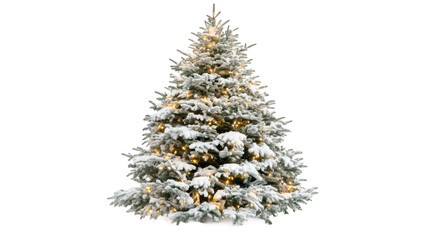 Aufkleber - Snow-covered Christmas tree sparkling with festive lights, isolated on transparent background, ideal for seasonal design needs