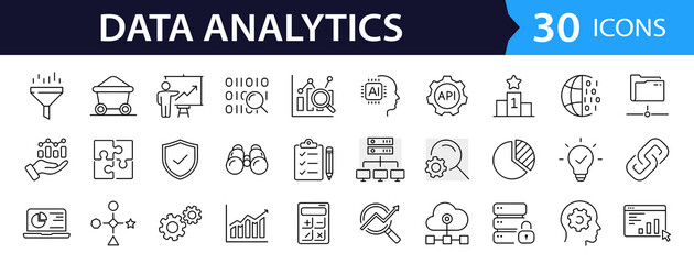 Poster - Data analytics set of web icons in line style. Data analysis icons for web and mobile app. Data processing, statistics, database, analytics, monitoring, computing, AI, hosting, monitoring, server