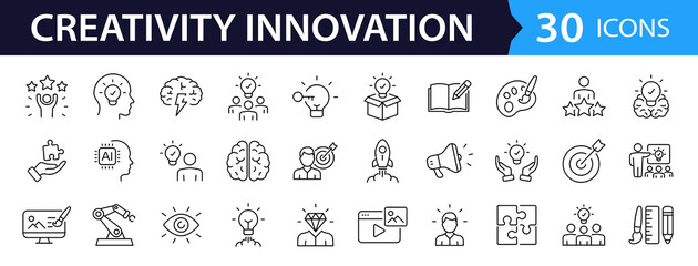 Leinwandbilder - Creativity innovation set of web icons in line style. Creative business solutions icons for web and mobile app.Creative idea, team management, solution, brainstorming, invention. Vector illustration