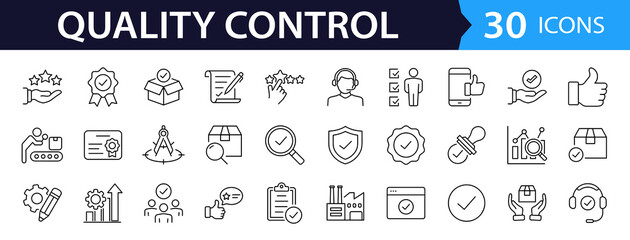Fototapete - Quality control set of web icons in line style. Quality Check computing icons for web and mobile app. Containing inspection, evaluation, production, quality assurance, certificate, testing and more