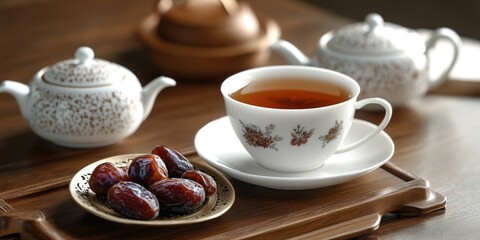 Tea service for two, including dates and a teapot. A traditional setup for afternoon tea.