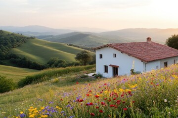 Wall Mural - Charming hillside cottage surrounded by vibrant wildflowers and