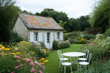 Wall Mural - Charming cottage surrounded by vibrant flowers and cozy seating