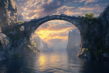 Wall Mural - Bridge over calm waters at sunset with dramatic skies and rocky cliffs