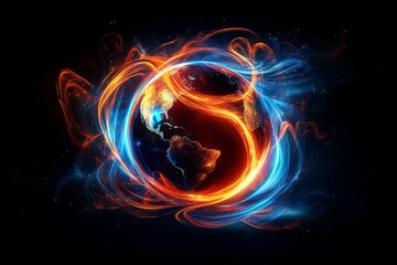 Canvas Print - An abstract globe surrounded by swirling, vibrant energy lines of orange and blue, set against a dark, atmospheric backdrop that showcases an exuberant dynamic and futuristic digital design concept