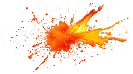 Leinwandbilder - Orange and yellow juice splashing dramatically, creating a vibrant stain against a transparent background, showcasing the energy of fresh fruit