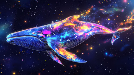 Wall Mural - Colorful abstract whale swimming in cosmic galaxy background. Neon Cosmic Whales. Illustration