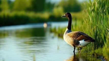 Canada goose standing by calm river in green landscape