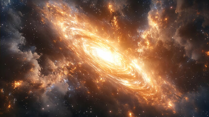 Fiery cosmic spiral galaxy, space background, science fiction art